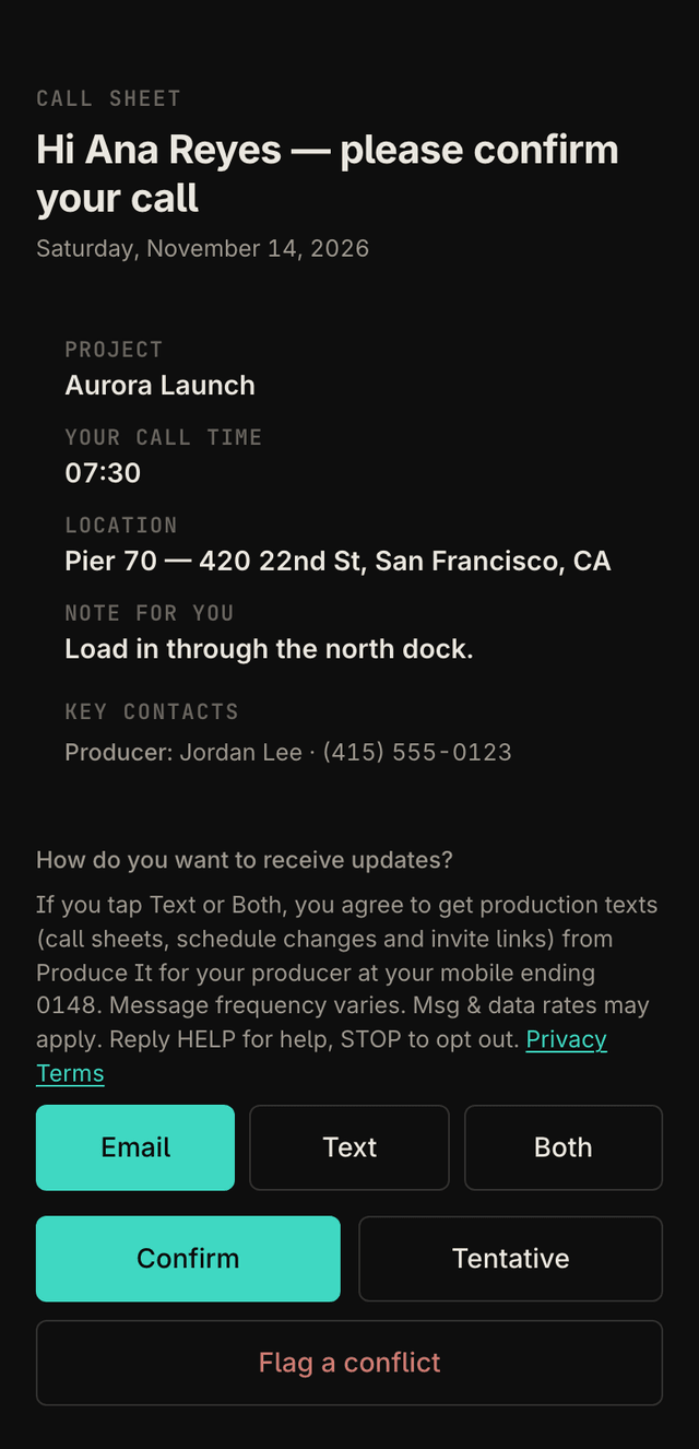 A crew member's call-sheet confirm page on a phone. Under "How do you want to receive updates?", a note reads: "If you tap Text or Both, you agree to get production texts (call sheets, schedule changes and invite links) from Produce It for your producer at your mobile ending 0148. Message frequency varies. Msg & data rates may apply. Reply HELP for help, STOP to opt out.", followed by links to Privacy and Terms. Below it are three buttons, Email, Text and Both, and then Confirm, Tentative and Flag a conflict.
